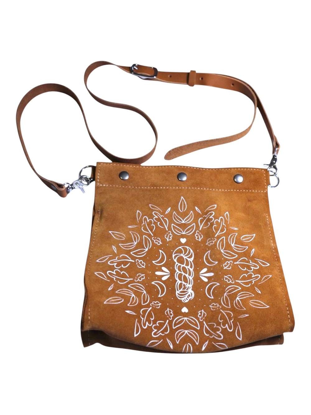 Tan Suede Leather Project Bag Twill & Print Knitting Craft Purse Boho Western